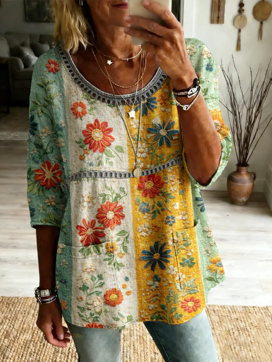 Women's Retro Casual Style Print Vintage Half Sleeves Shirt